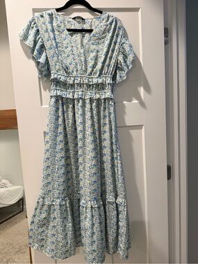 Blue Floral Ruffle Midi Dress